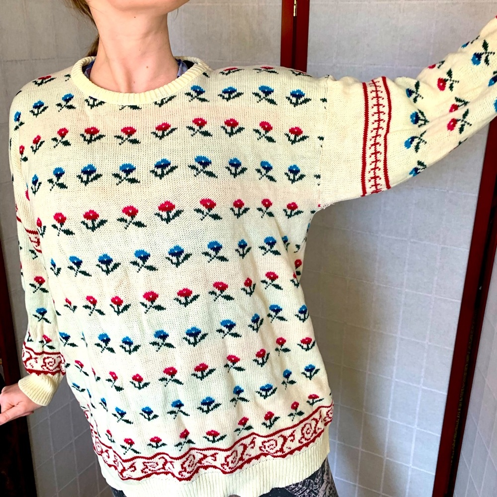 Vintage Harot Knot Flower Floral Oversized Cozy Cream Sweater Pullover,  L